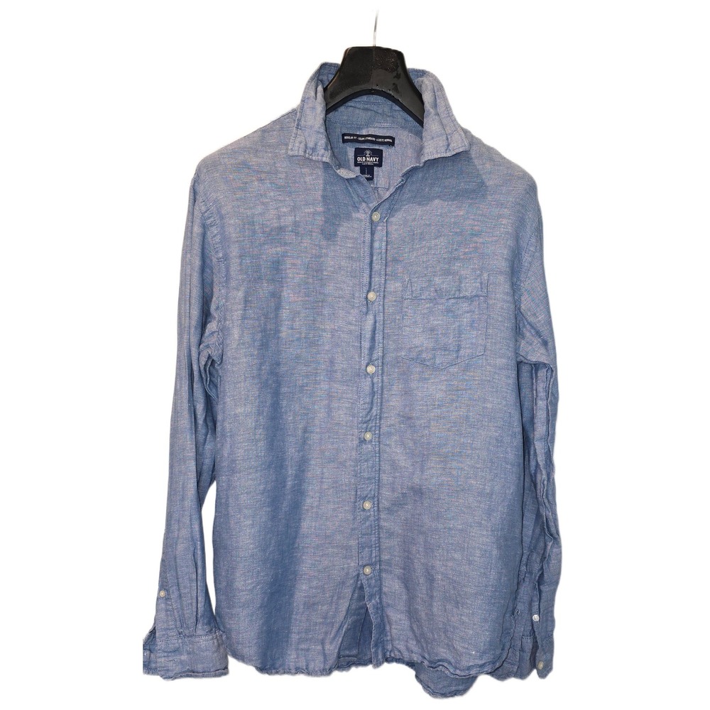 Old Navy Mens Blue Linen Blend Button Down‎ Shirt Regular Fit Large L Pocket